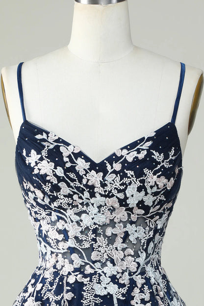A Line Cute Corset Navy Homecoming Dress With Appliques
