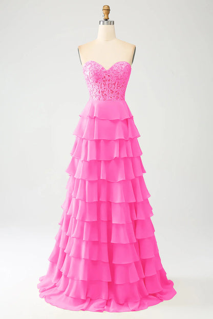 A-Line Sweetheart Tiered Long Prom Dress