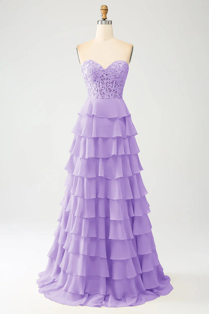 A-Line Sweetheart Tiered Long Prom Dress