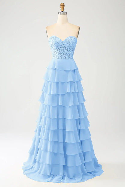 A-Line Sweetheart Tiered Long Prom Dress