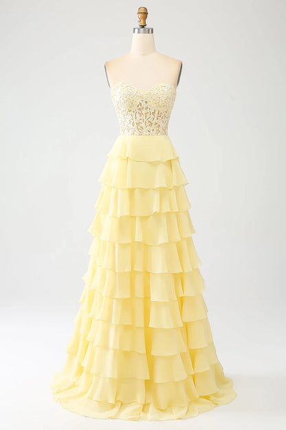 A-Line Sweetheart Tiered Long Prom Dress