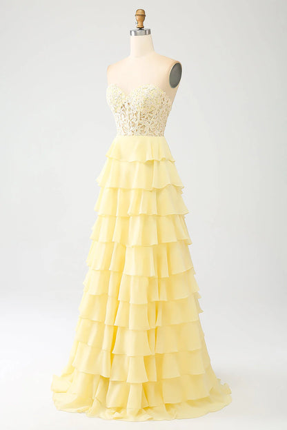 A-Line Sweetheart Tiered Long Prom Dress