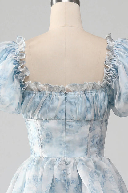 A-Line Tiered Corset Light Blue Prom Dress With Puff Sleeves