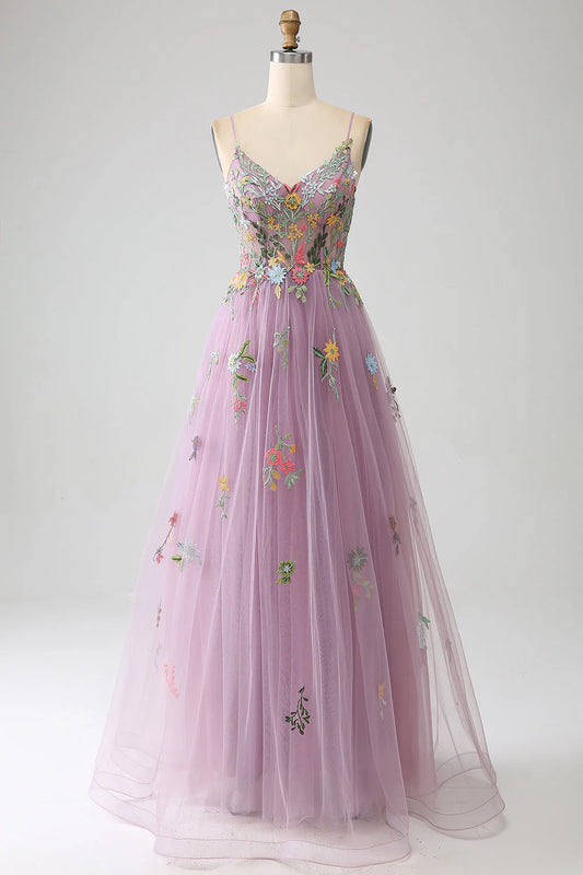 A-Line Spaghetti Straps Tulle Long Mauve Prom Dress With Embroidery