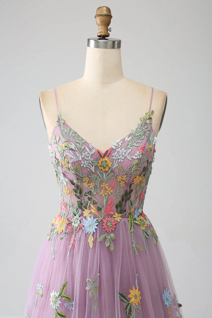 A-Line Spaghetti Straps Tulle Long Mauve Prom Dress With Embroidery