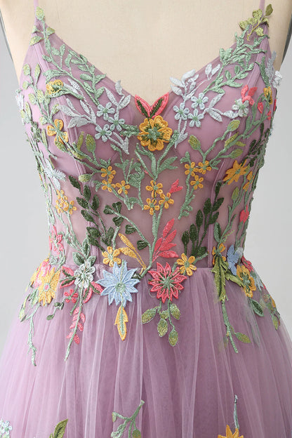 A-Line Spaghetti Straps Tulle Long Mauve Prom Dress With Embroidery