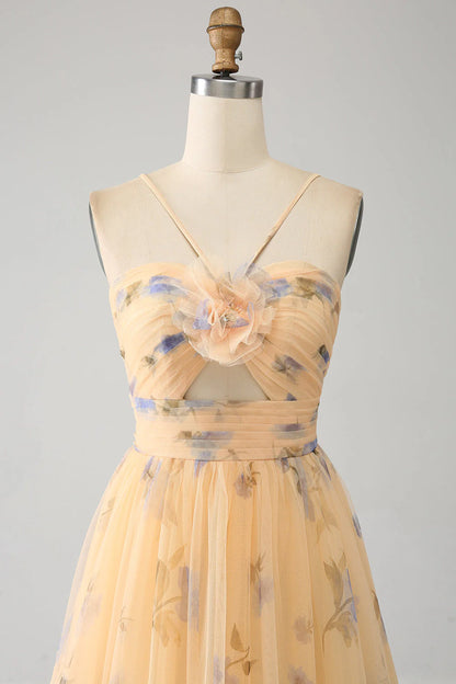 A-Line Halter Pleated Tulle Tiered Yellow Prom Dress With Embroidery