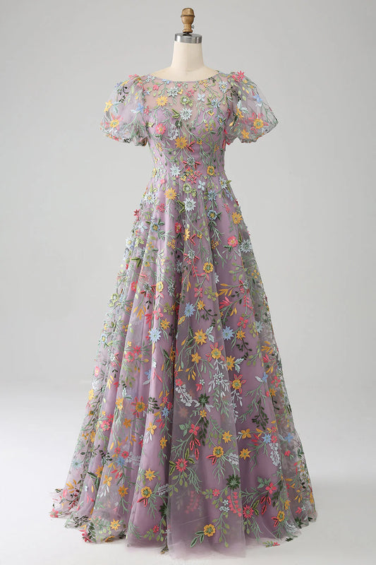 Ball-Gown/Princess Embroidered Mauve Prom Dress With Short Sleeves