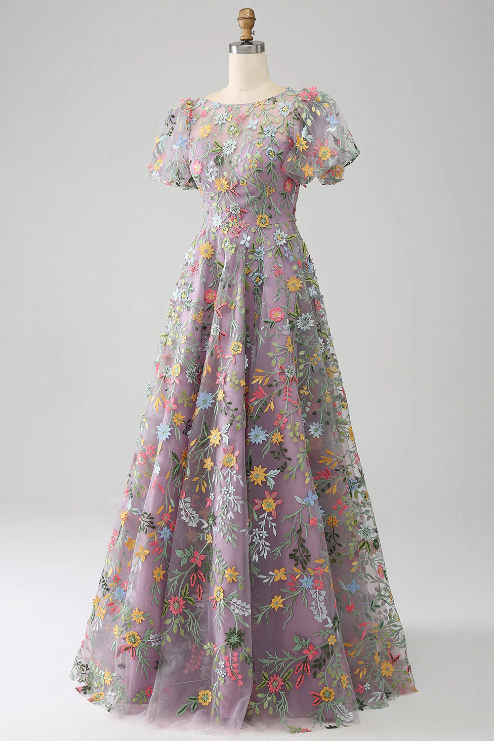Ball-Gown/Princess Embroidered Mauve Prom Dress With Short Sleeves