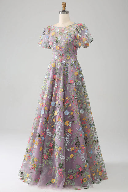 Ball-Gown/Princess Embroidered Mauve Prom Dress With Short Sleeves