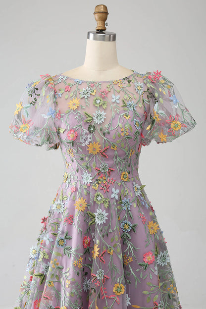 Ball-Gown/Princess Embroidered Mauve Prom Dress With Short Sleeves