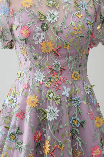Ball-Gown/Princess Embroidered Mauve Prom Dress With Short Sleeves