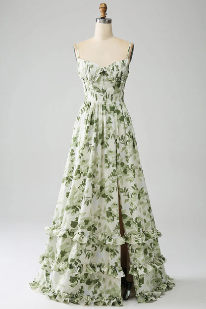 A-Line Spaghetti Straps Printed Pleated Green Long Prom Dress With Slit