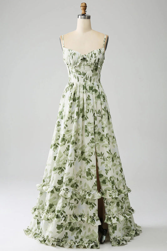 A-Line Spaghetti Straps Printed Pleated Green Long Prom Dress With Slit