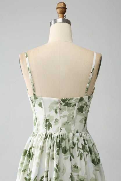 A-Line Spaghetti Straps Printed Pleated Green Long Prom Dress With Slit