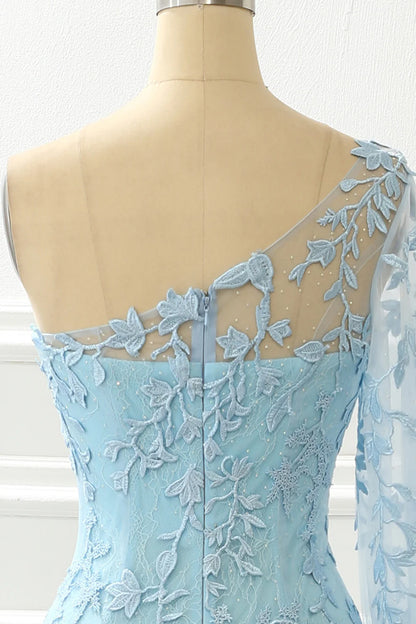 Sky Blue One Shoulder Mermaid Prom Dress With Appliques