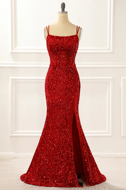 Red Mermaid Sparkly Prom Dress With Fringes