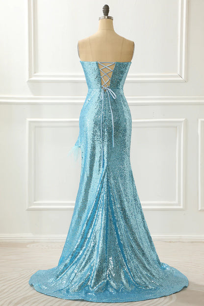 Strapless Sequin Mermaid Blue Prom Dress With Feathers