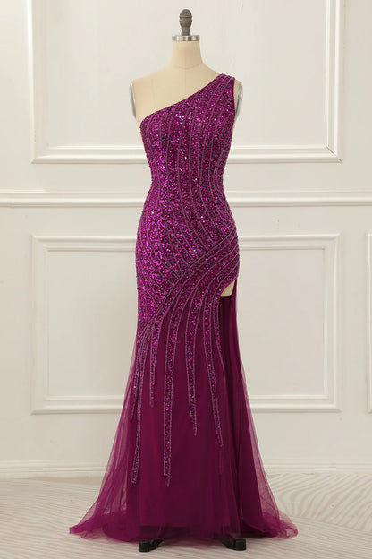 Purple One Shoulder Beaded Prom Dress With Slit