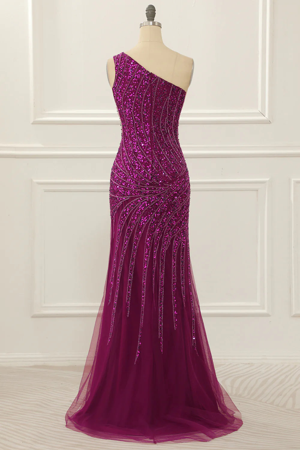Purple One Shoulder Beaded Prom Dress With Slit