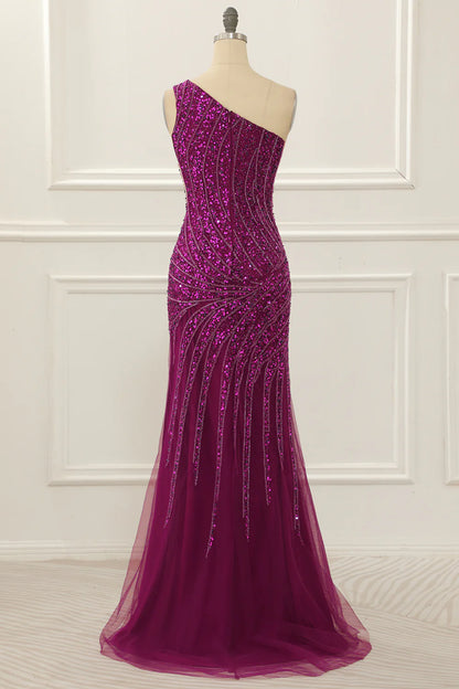Purple One Shoulder Beaded Prom Dress With Slit