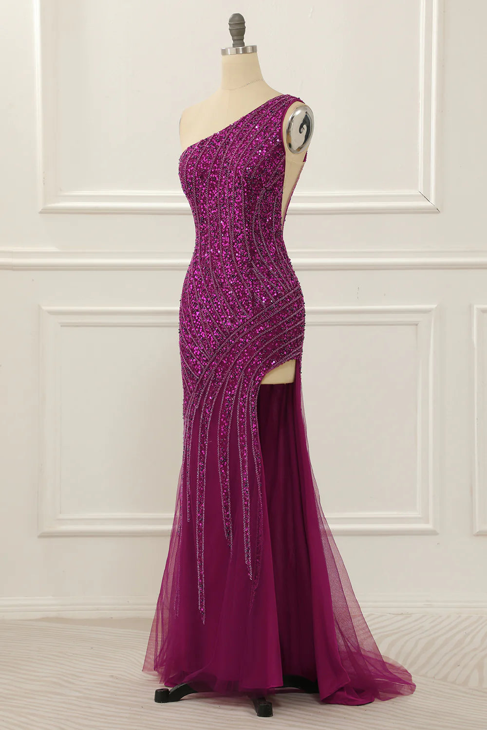 Purple One Shoulder Beaded Prom Dress With Slit