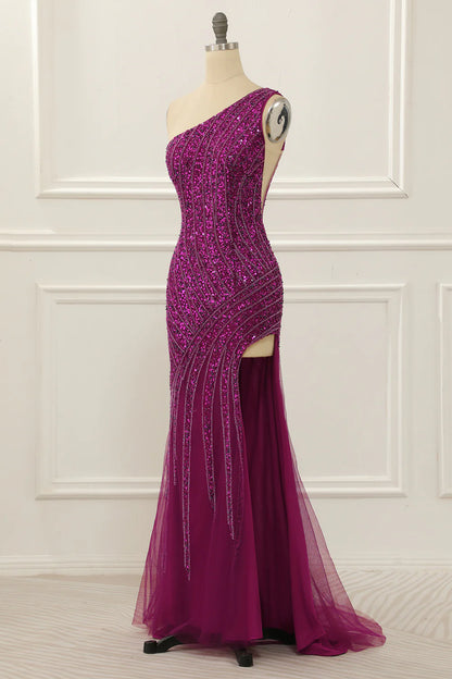 Purple One Shoulder Beaded Prom Dress With Slit