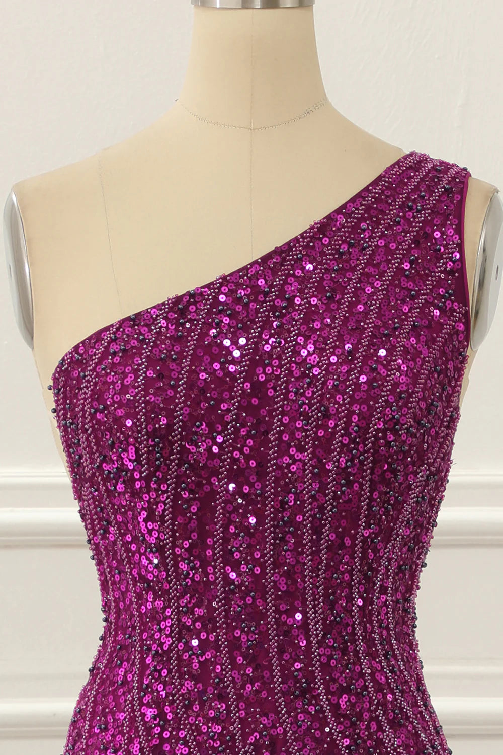 Purple One Shoulder Beaded Prom Dress With Slit