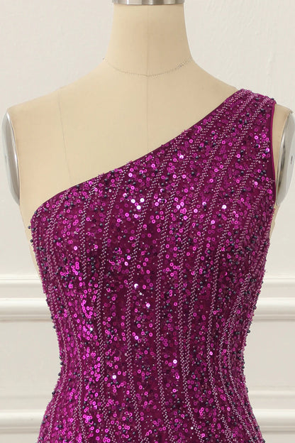 Purple One Shoulder Beaded Prom Dress With Slit