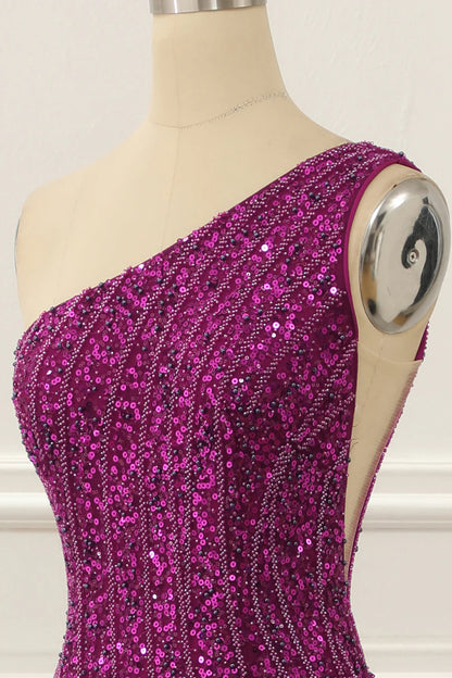 Purple One Shoulder Beaded Prom Dress With Slit