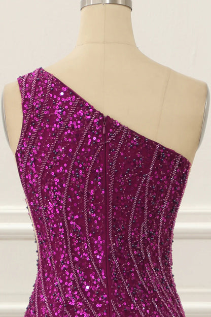 Purple One Shoulder Beaded Prom Dress With Slit
