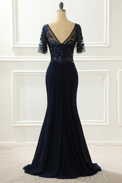 Sequin Mermaid Navy Prom Dress With Beading