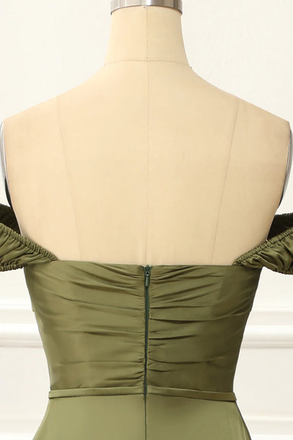 Off Shoulder Satin Simple Green Prom Dress