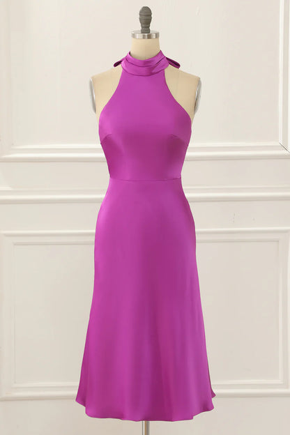 Satin Halter Short Simple Fuchsia Prom Dress