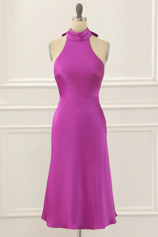 Satin Halter Short Simple Fuchsia Prom Dress