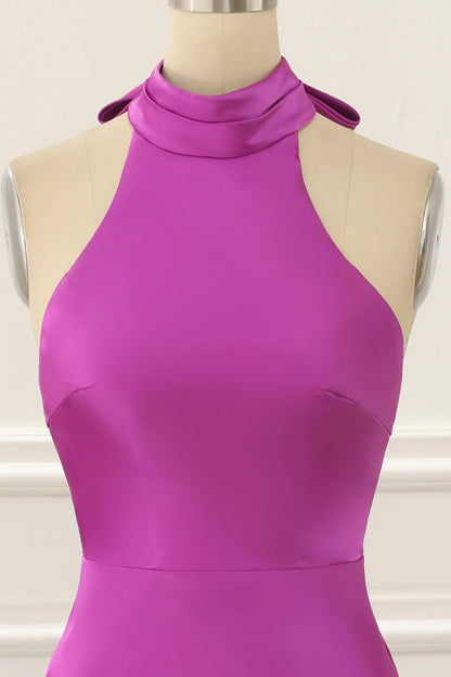 Satin Halter Short Simple Fuchsia Prom Dress