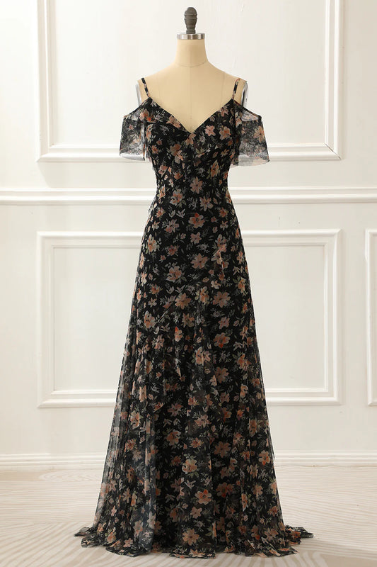 Black Off The Shoulder A Line Prom Dress With Floral