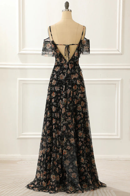 Black Off The Shoulder A Line Prom Dress With Floral
