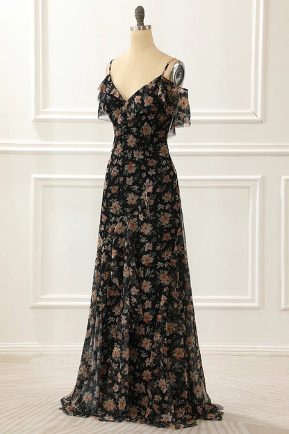 Black Off The Shoulder A Line Prom Dress With Floral