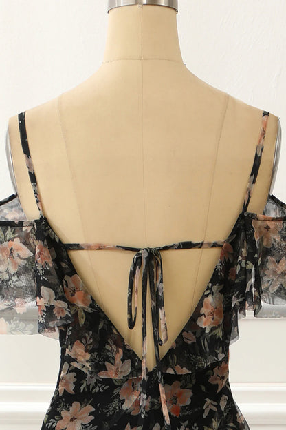 Black Off The Shoulder A Line Prom Dress With Floral