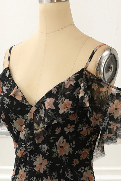 Black Off The Shoulder A Line Prom Dress With Floral