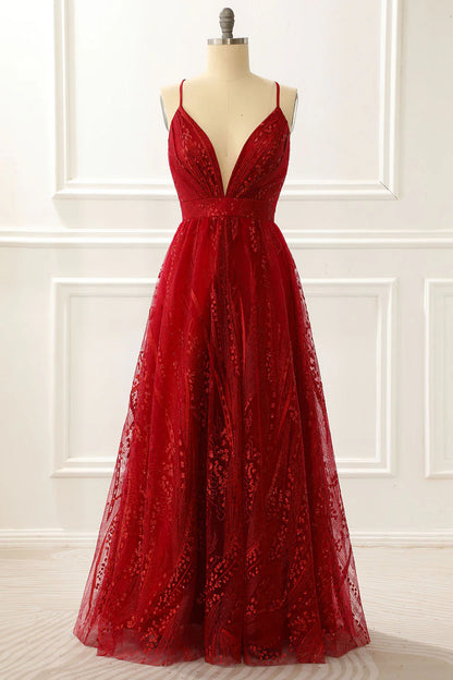 Burgundy Spaghetti Straps A Line Princess Prom Dress