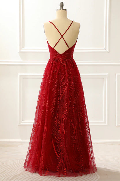 Burgundy Spaghetti Straps A Line Princess Prom Dress