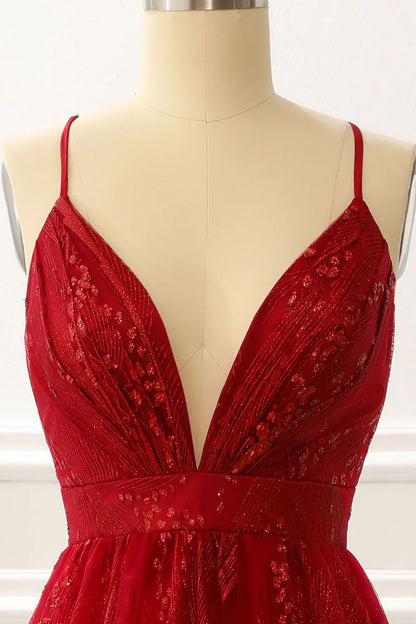 Burgundy Spaghetti Straps A Line Princess Prom Dress