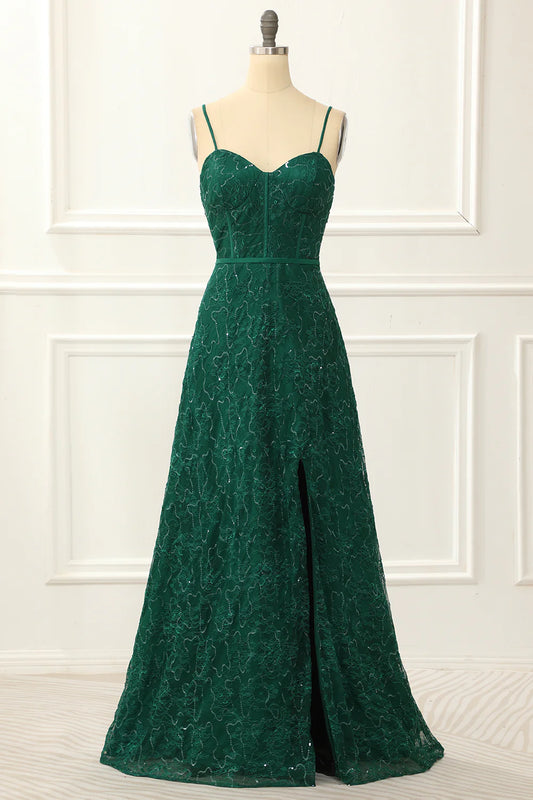 Spaghetti Straps Dark Green A Line Lace Prom Dress