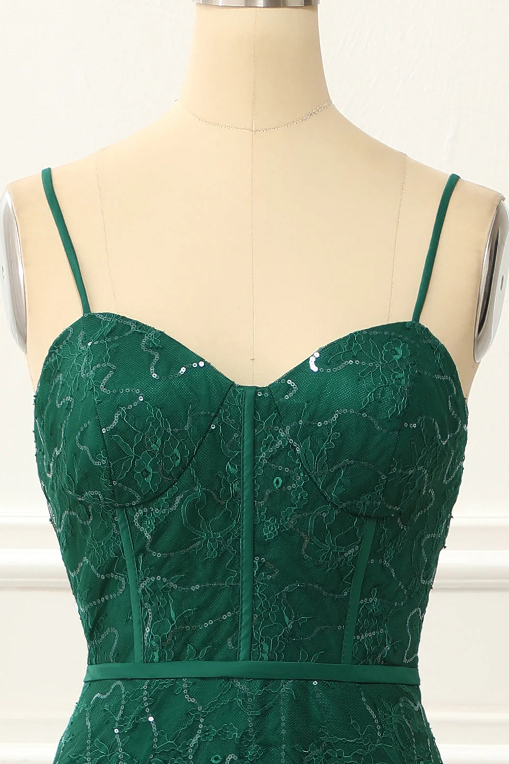 Spaghetti Straps Dark Green A Line Lace Prom Dress