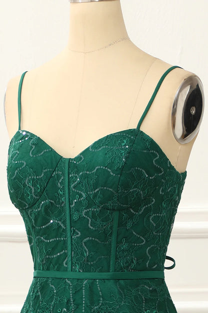 Spaghetti Straps Dark Green A Line Lace Prom Dress