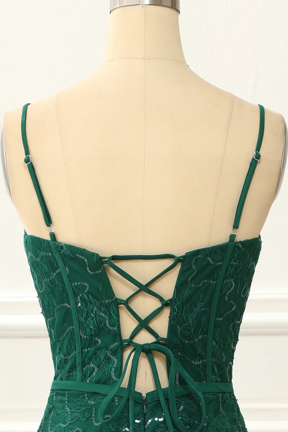 Spaghetti Straps Dark Green A Line Lace Prom Dress