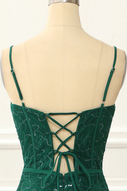 Spaghetti Straps Dark Green A Line Lace Prom Dress