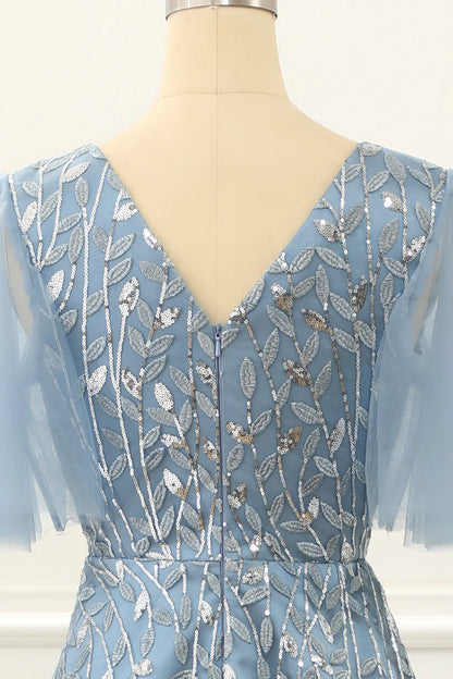 A Line Tulle Blue Prom Dress With Lace Appliques